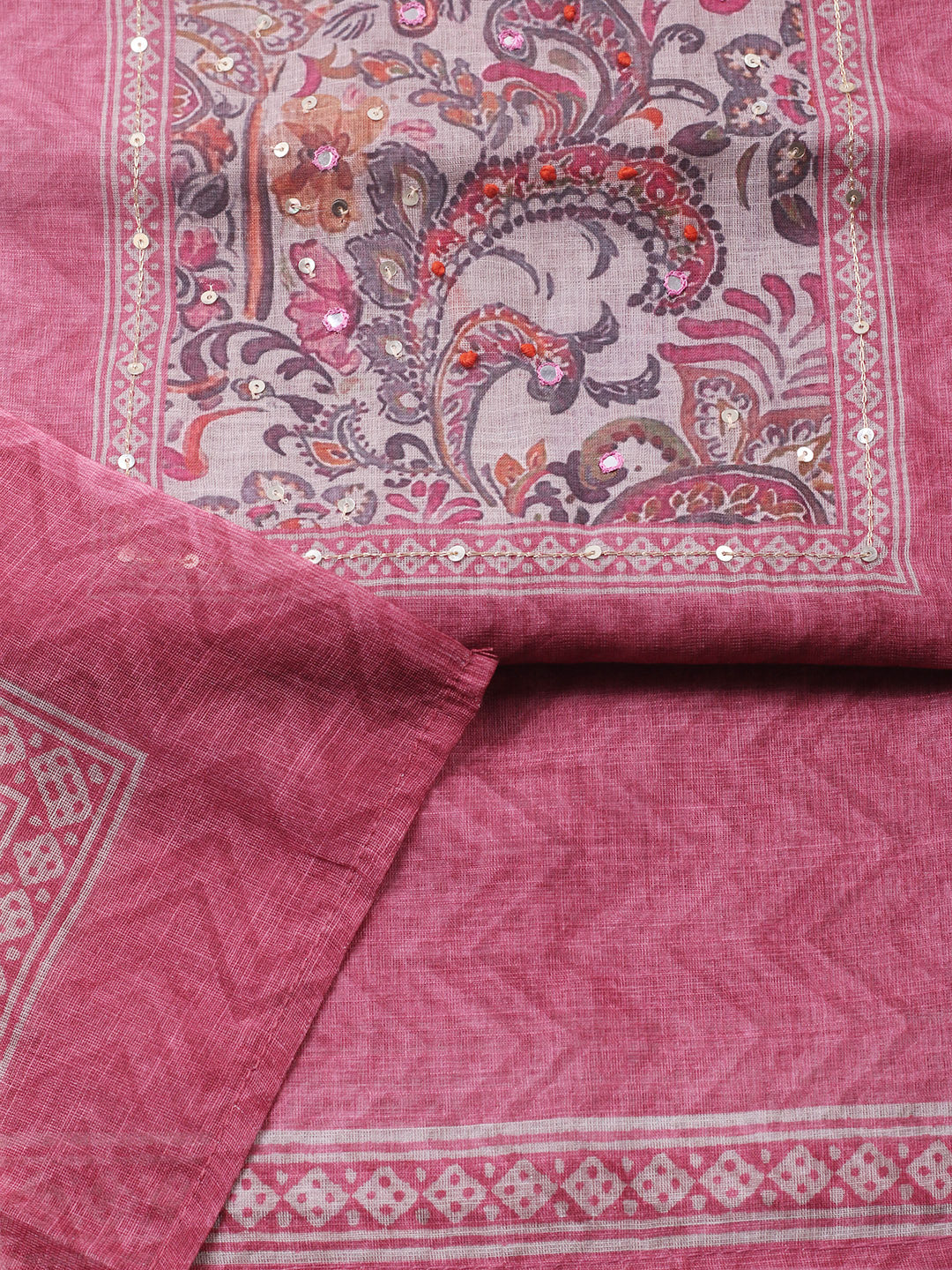 Embroidered Chanderi Unstitched Suit With Pant &amp; Dupatta
