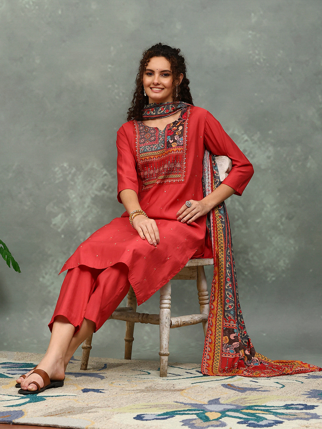 Printed Cotton Blend Kurta With Pants & Dupatta