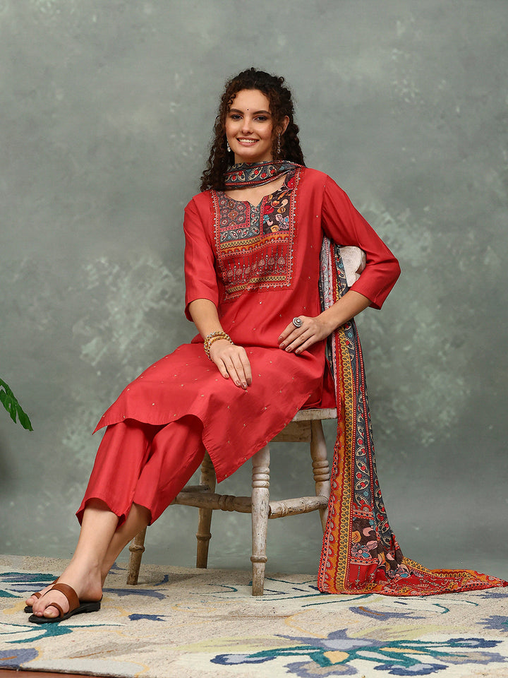 Printed Cotton Blend Kurta With Pants &amp; Dupatta