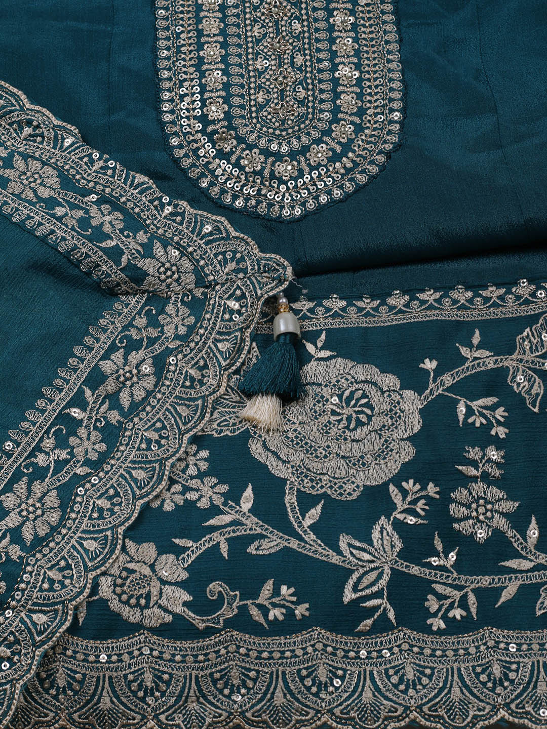 Embroidered Chinon Unstitched Suit With Pant &amp; Dupatta