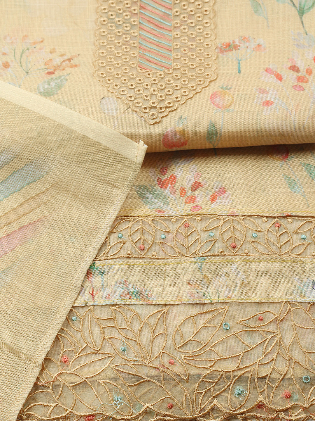 Printed Linen Blend Unstitched Suit With Pant &amp; Dupatta