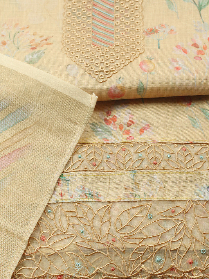 Printed Linen Blend Unstitched Suit With Pant &amp; Dupatta