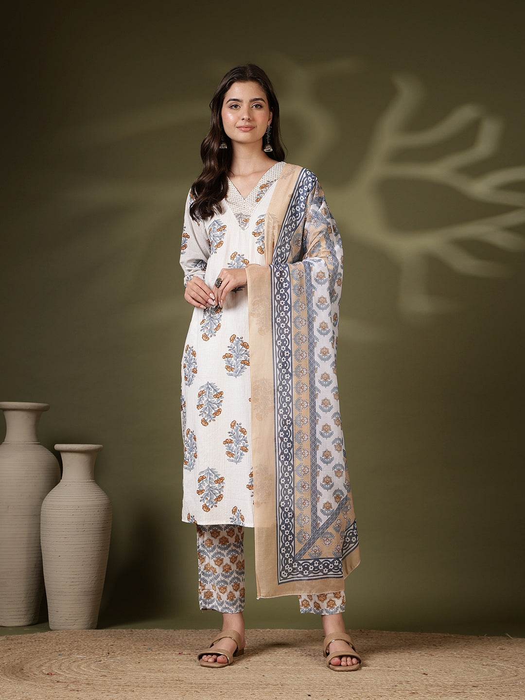 Printed Cotton Blend Kurta With Pant &amp; Dupatta