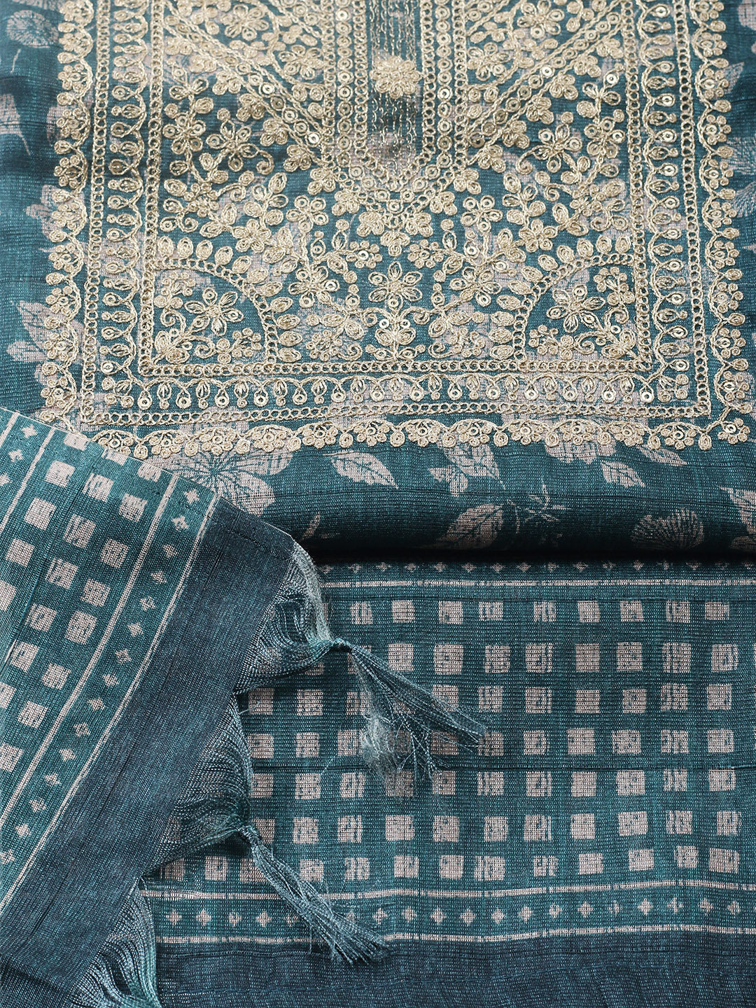 Embroidered Cotton Blend Unstitched Suit With Pant &amp; Dupatta