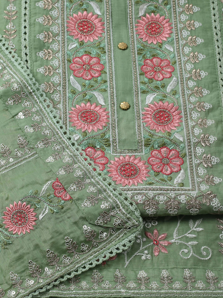 Embroidered Chanderi Unstitched Kurta With Pant &amp; Dupatta