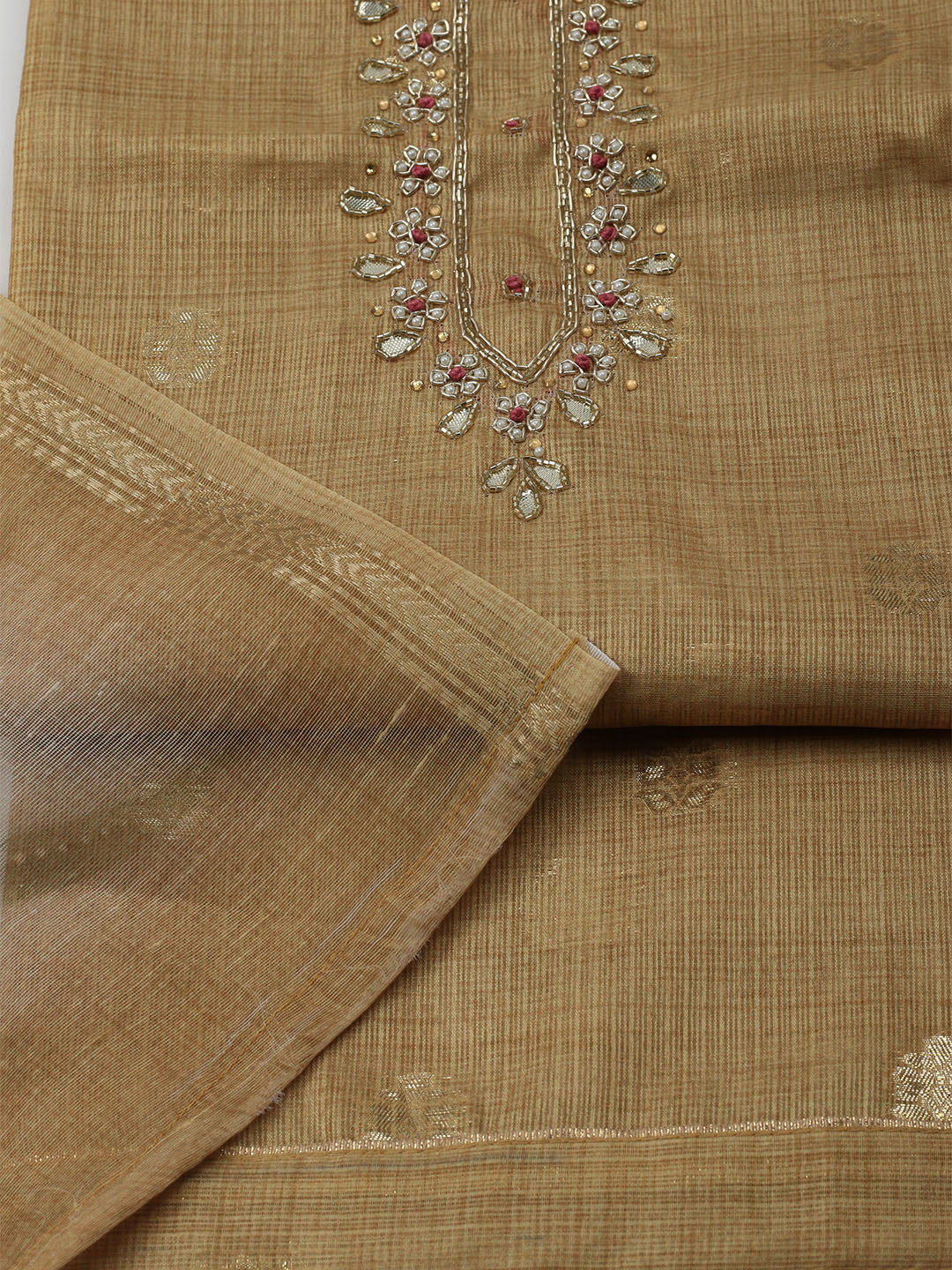 Embroidered Linen Unstitched Kurta With Pant & Dupatta