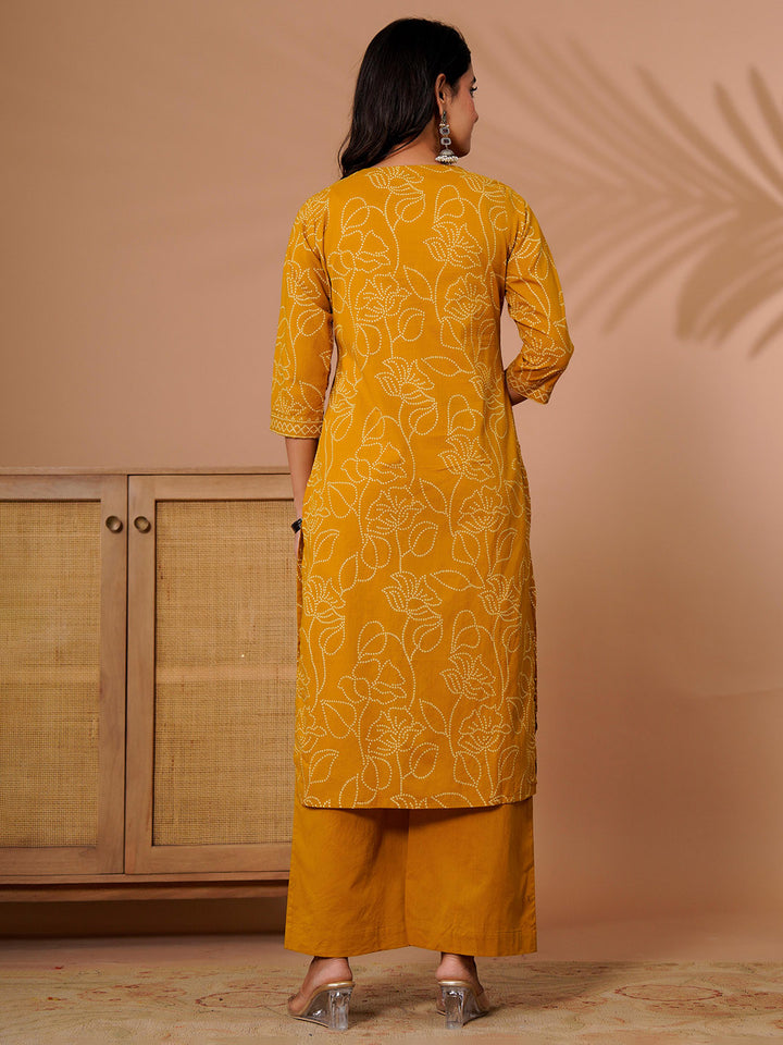 Yellow Cotton Blend Printed Straight Suit Set