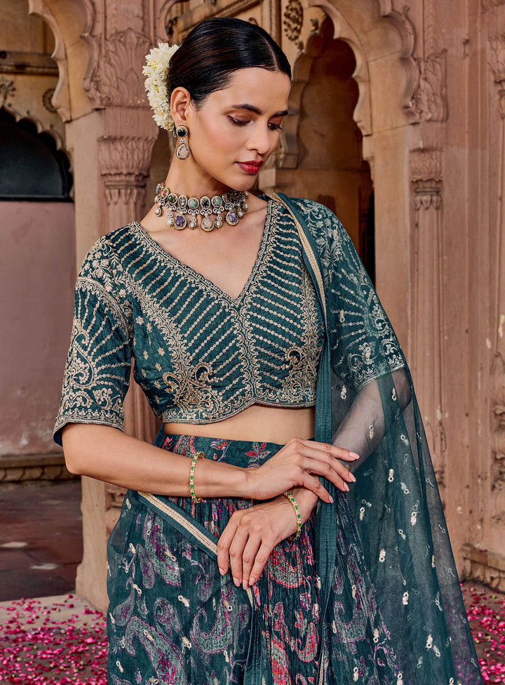 Teal Green Choli With Lehenga &amp; Dupatta