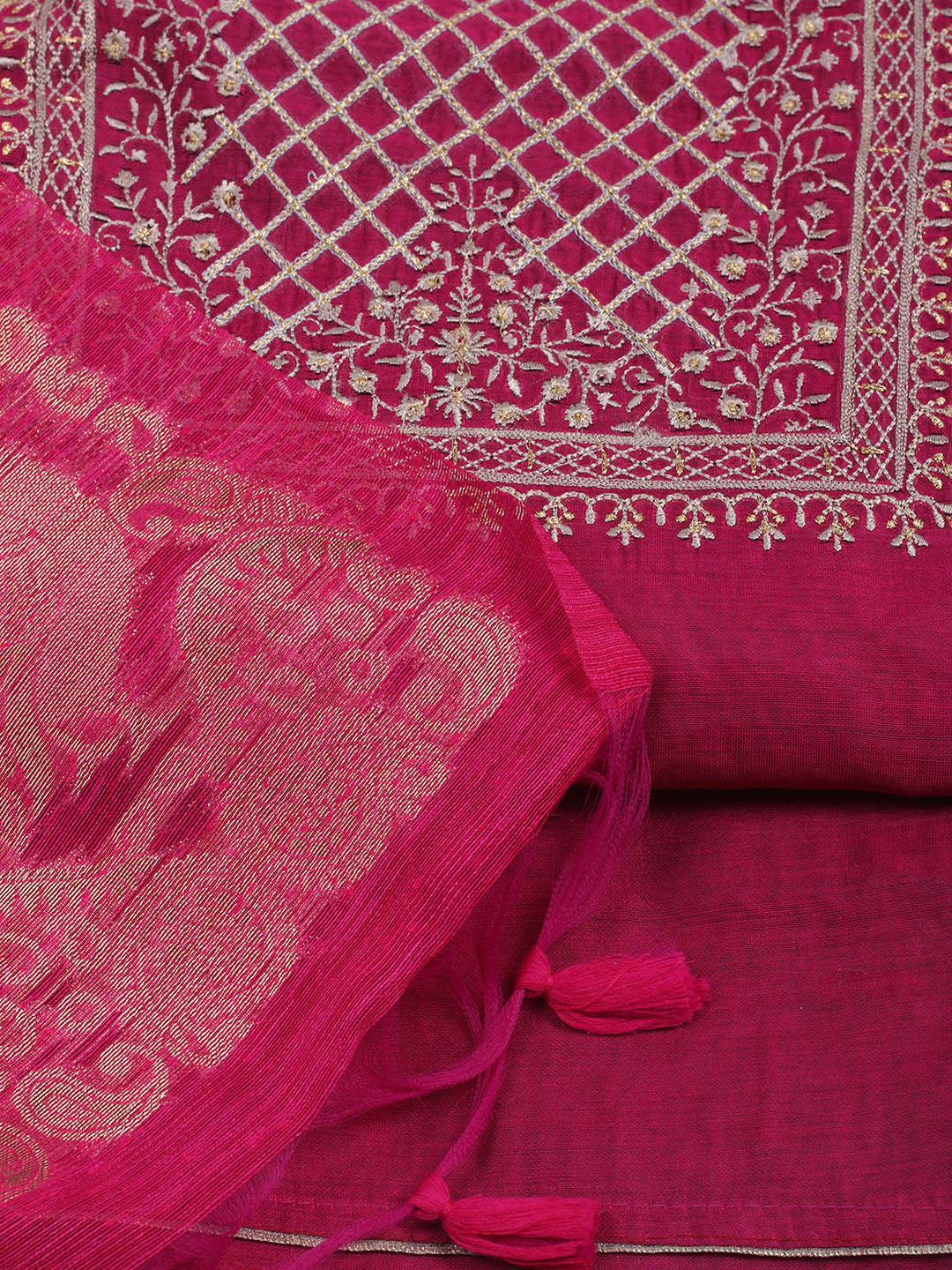 Neck Embroidered Chanderi Unstitched Suit Piece With Dupatta