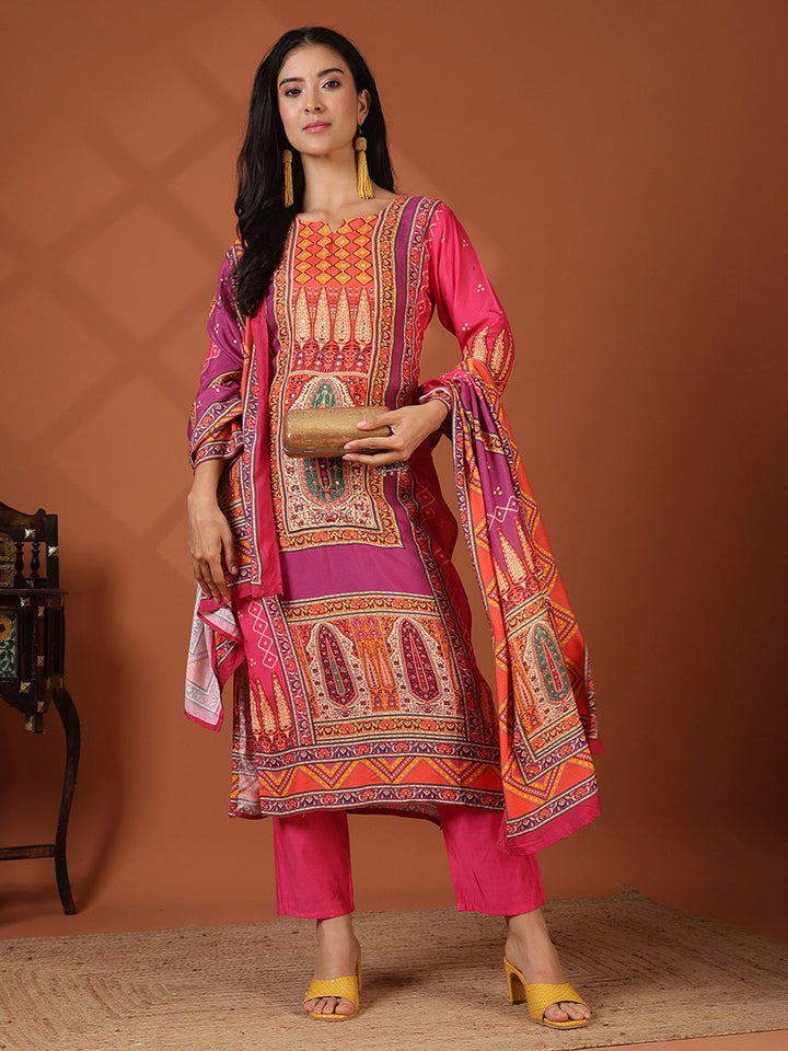 Floral Printed Art Silk Kurta With Pant &amp; Dupatta