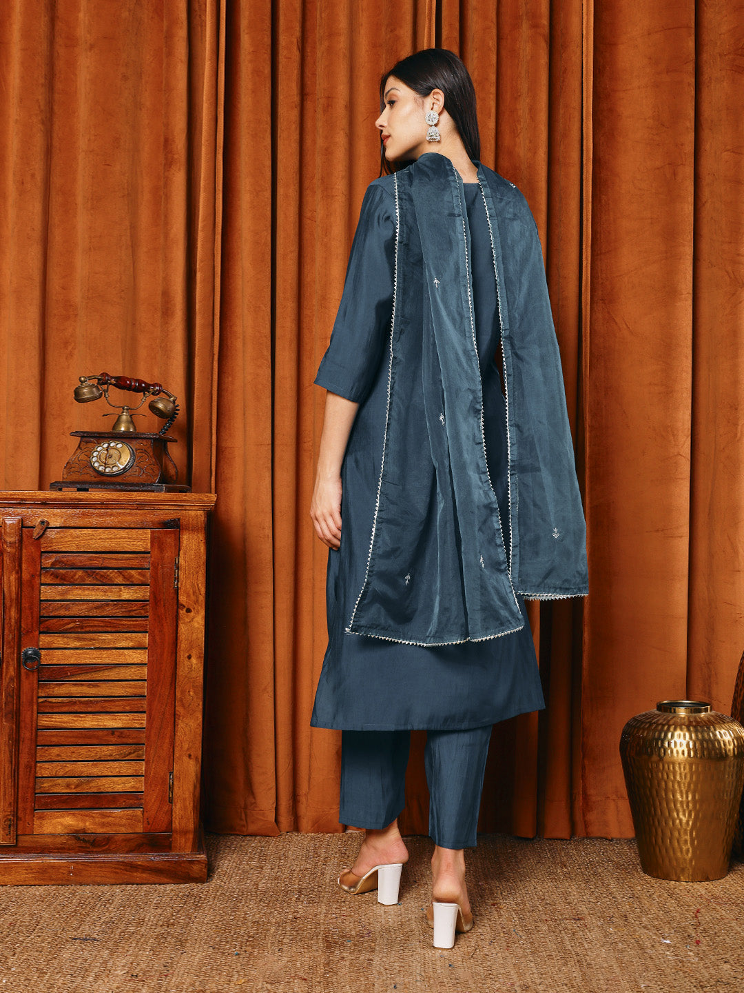 Embroidered Cotton Blend Kurta With Pants &amp; Dupatta