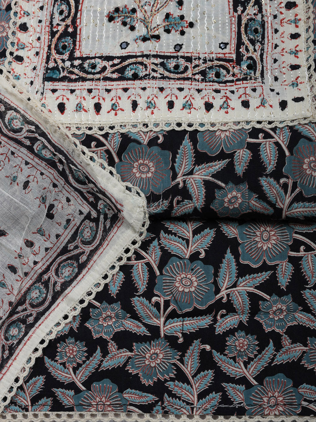 Embroidered Cotton Blend Unstitched Suit With Pant &amp; Dupatta