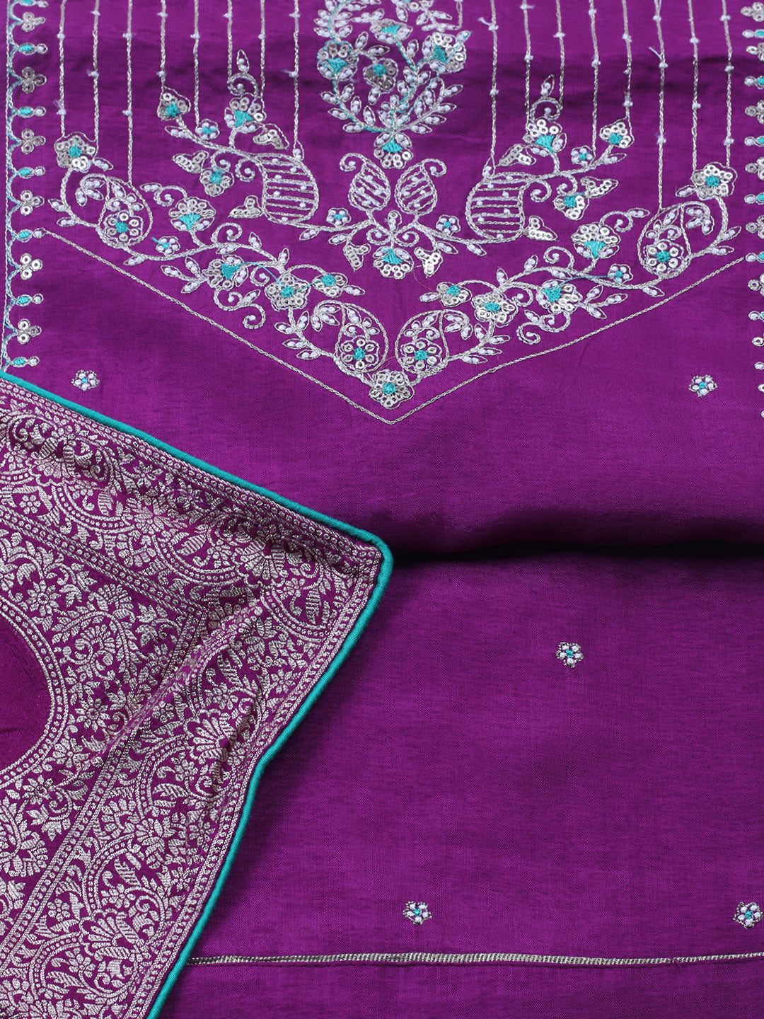 Embroidered Chanderi Unstitched Suit With Pant &amp; Dupatta