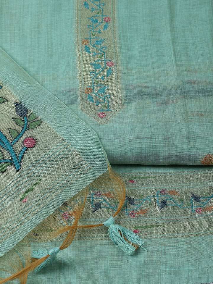 Embroidered Chanderi Unstitched Suit With Pant &amp; Dupatta