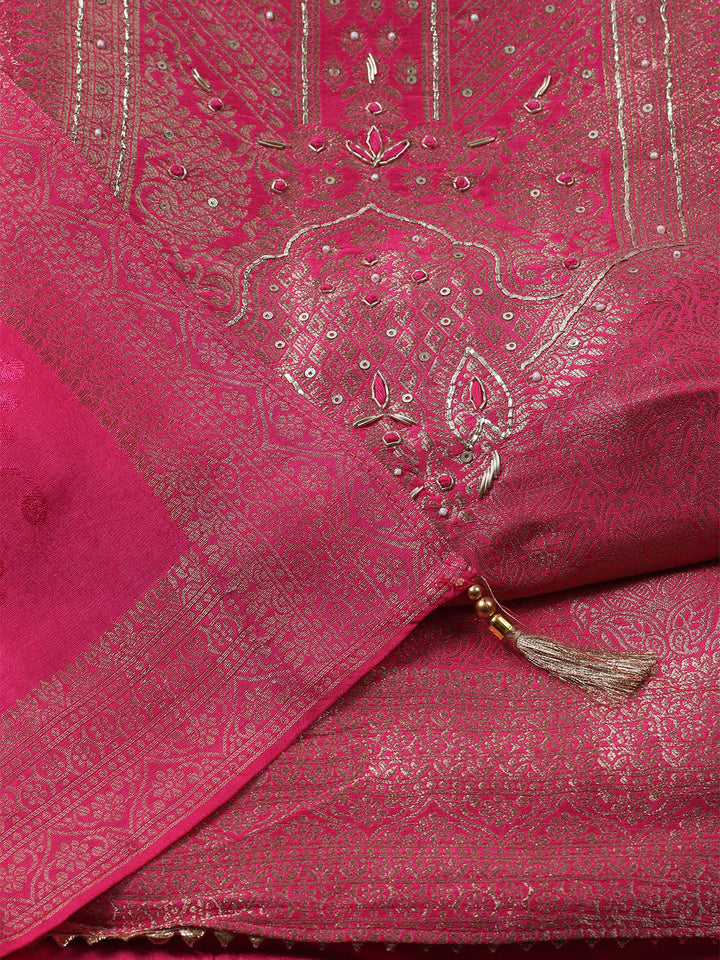Embroidered Chanderi Unstitched Kurta With Pant &amp; Dupatta