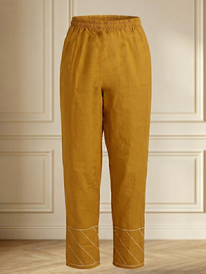 Mustard Embroidered Cotton Blend Straight V Neck Suit Set