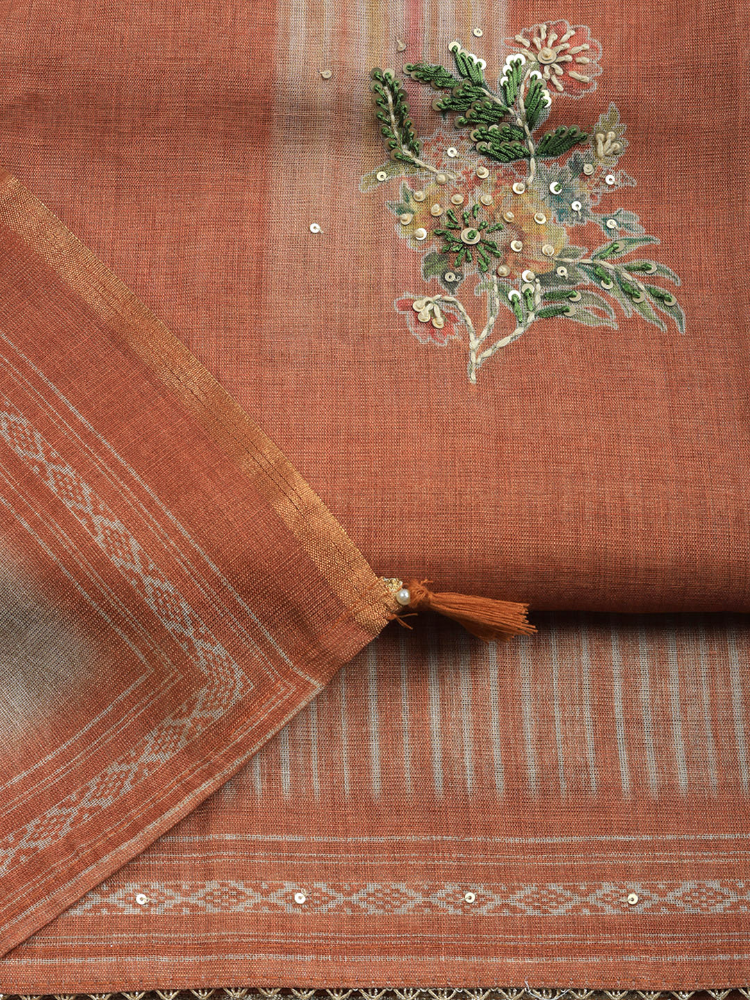 Printed Linen Blend Unstitched Suit With Pant &amp; Dupatta