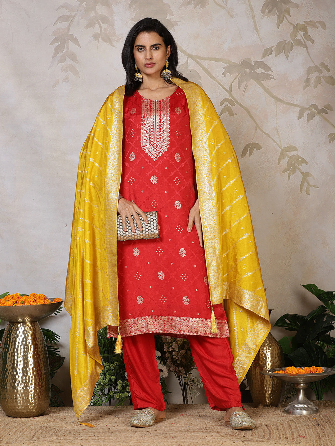 Banarasi Weave Tissue Kurta With Pants & Dupatta
