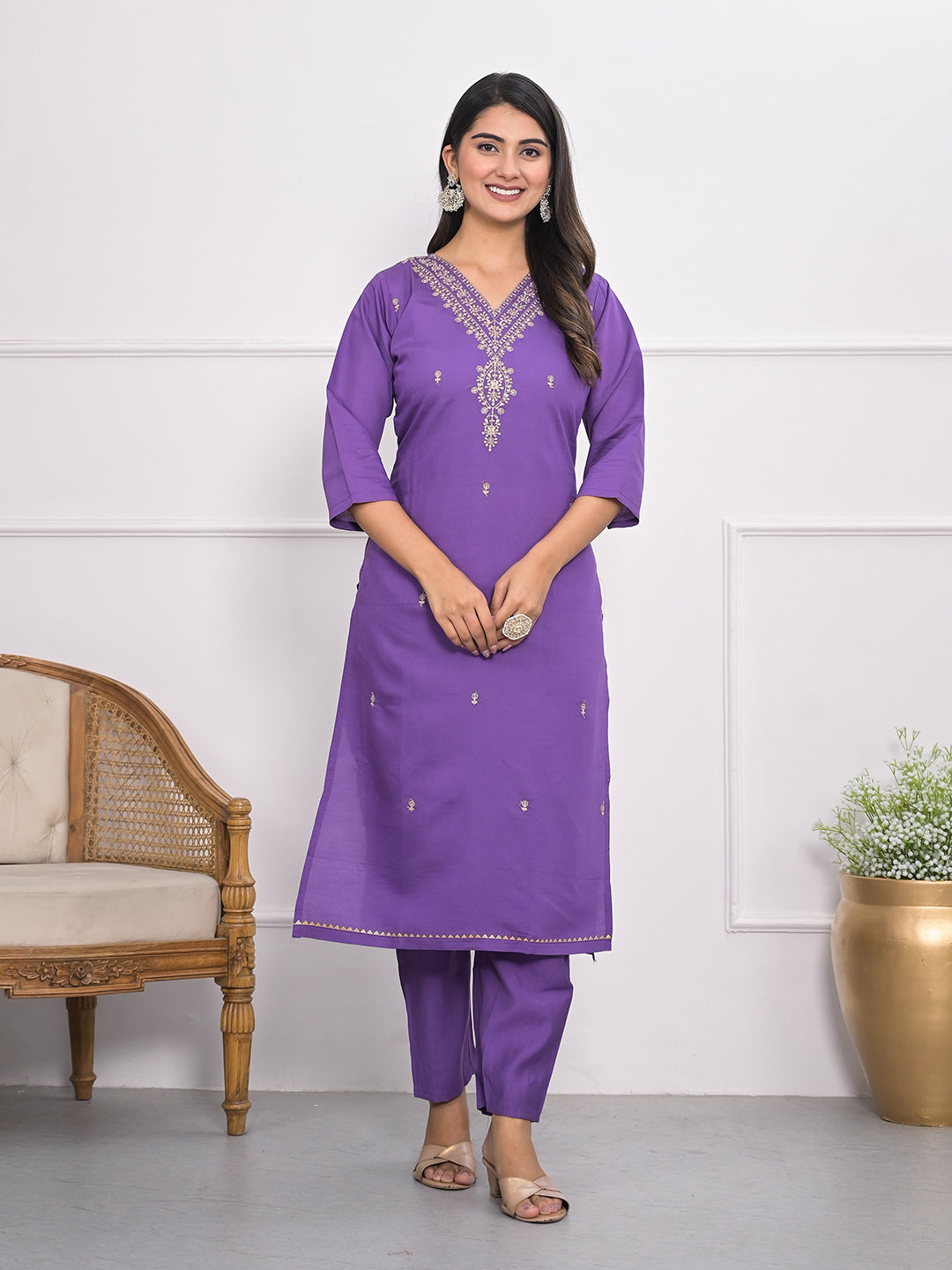 Neck Embroidery Muslin Kurta With Pants &amp; Dupatta