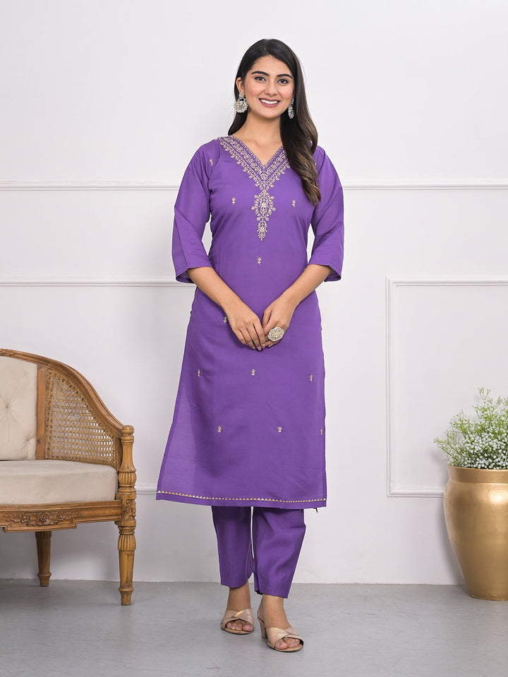 Neck Embroidery Muslin Kurta With Pants &amp; Dupatta