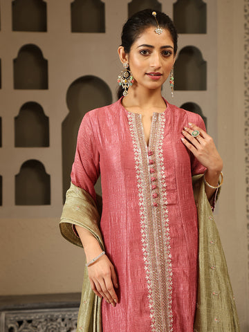 Resham & Zari Embroidery Dupion Kurta With Pants & Dupatta