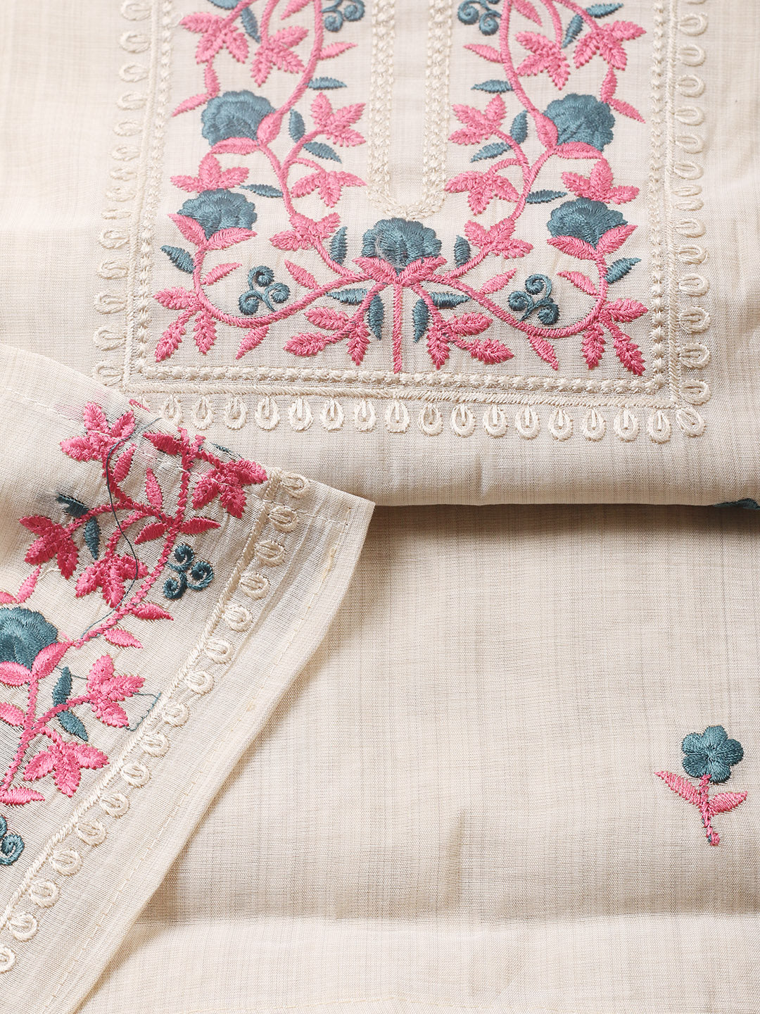 Embroidered Tussar Silk Unstitched Suit With Pant &amp; Dupatta