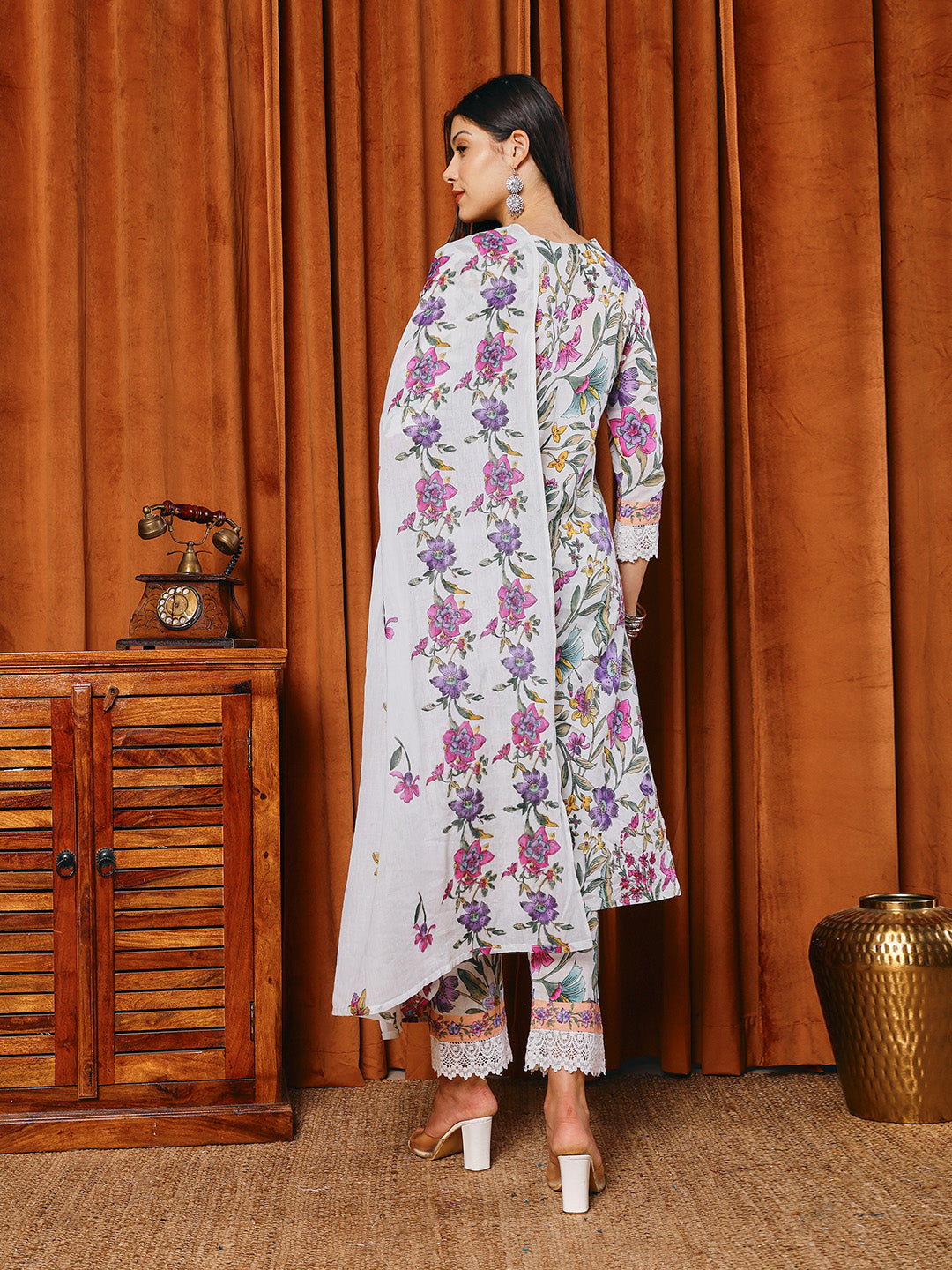 Floral Parinted Cotton Blend Kurta With Pants & Dupatta