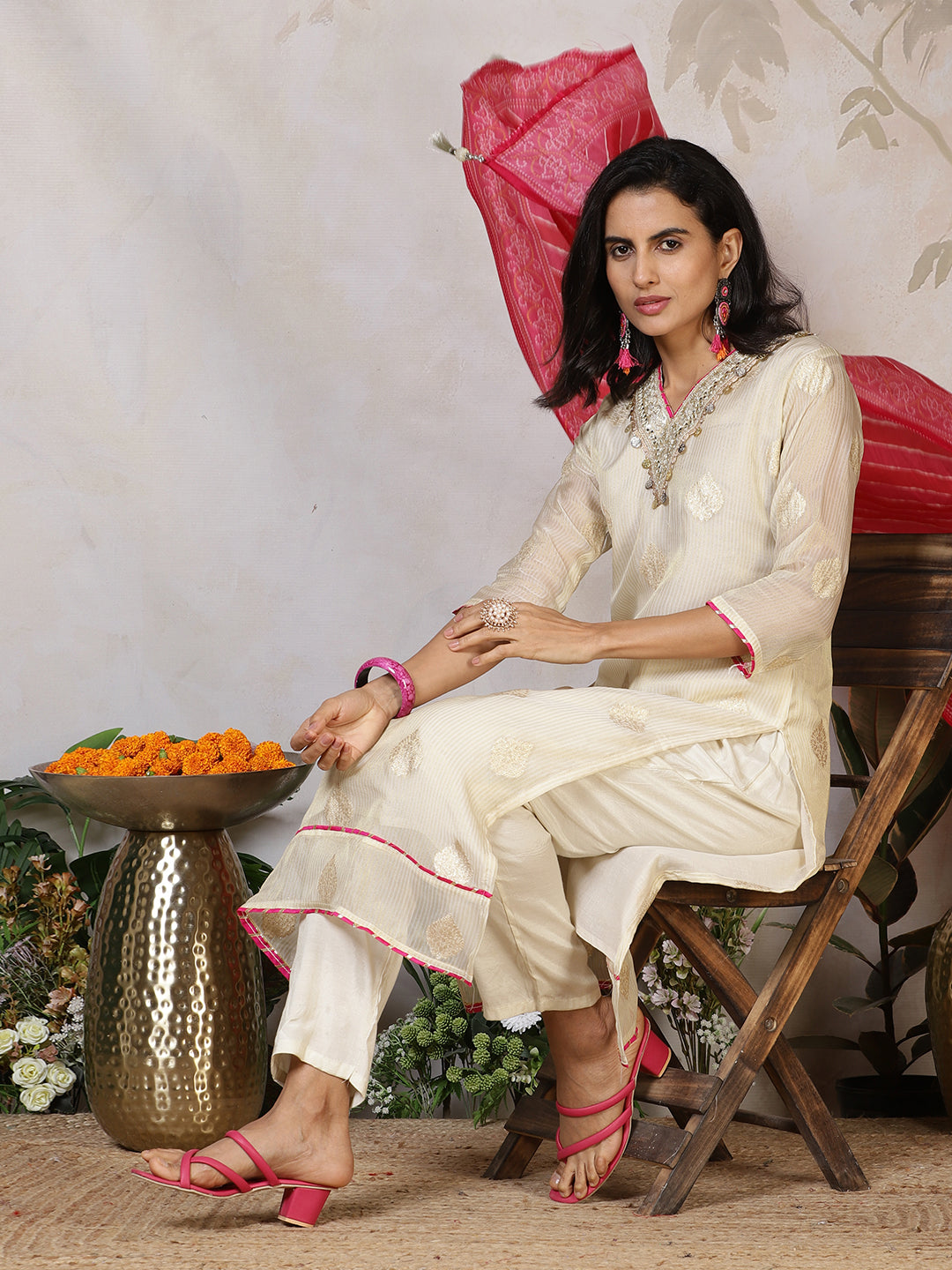 Banarasi Weave Tissue Kurta With Pants & Dupatta