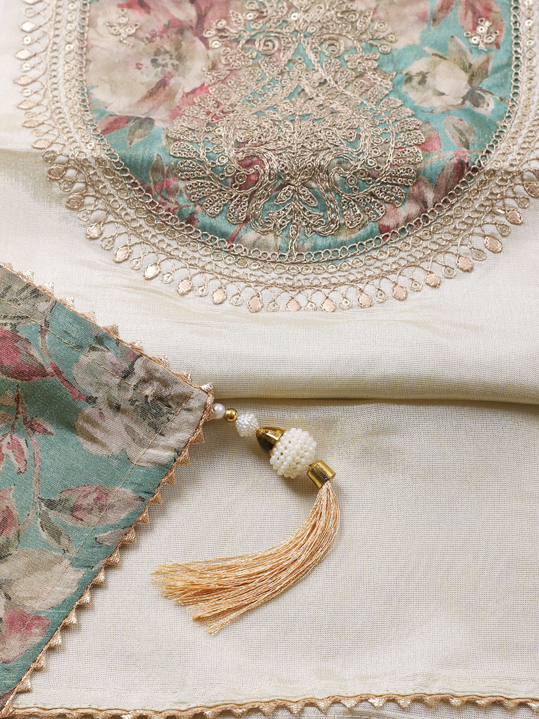 Embroidered Tissue Unstitched Suit With Pant &amp; Dupatta
