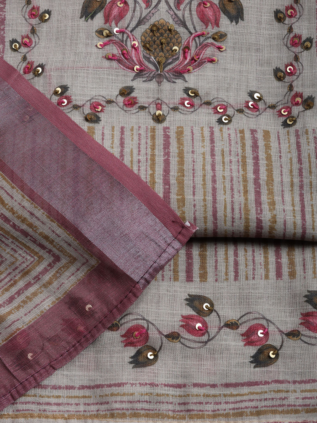 Printed Linen Blend Unstitched Suit With Pant &amp; Dupatta