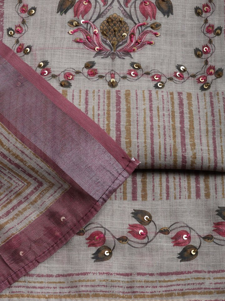 Printed Linen Blend Unstitched Suit With Pant &amp; Dupatta