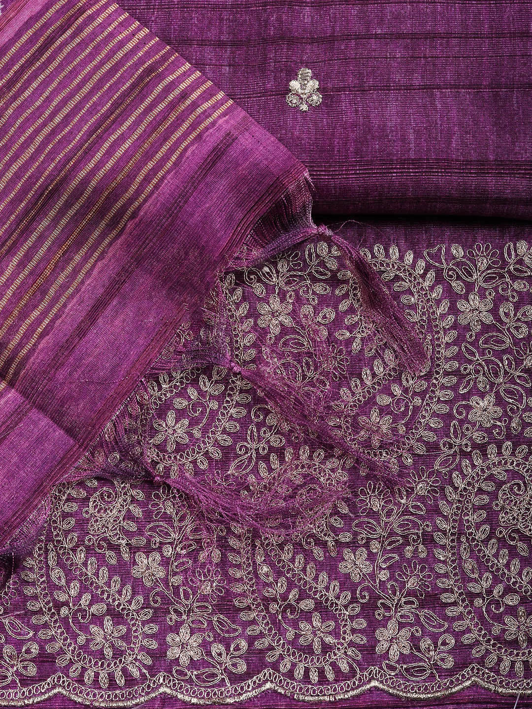 Embroidered Tussar Silk Unstitched Suit With Pant &amp; Dupatta