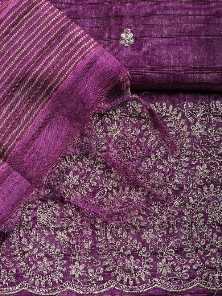 Embroidered Tussar Silk Unstitched Suit With Pant &amp; Dupatta