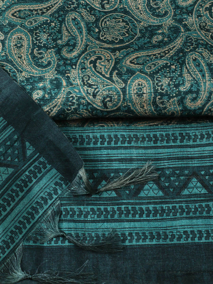 Printed Chanderi Unstitched Suit With Pant &amp; Dupatta