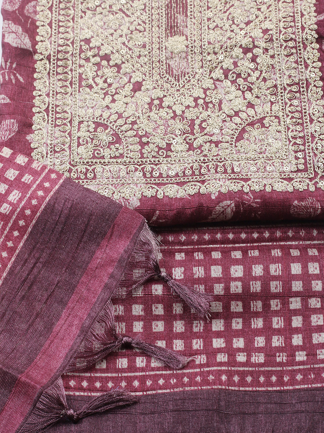 Embroidered Cotton Blend Unstitched Suit With Pant &amp; Dupatta