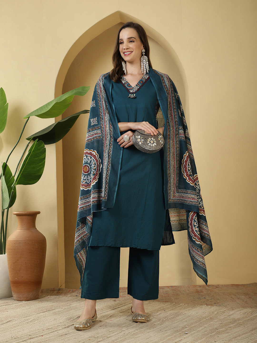 Printed Cotton Blend Kurta With Pants & Dupatta