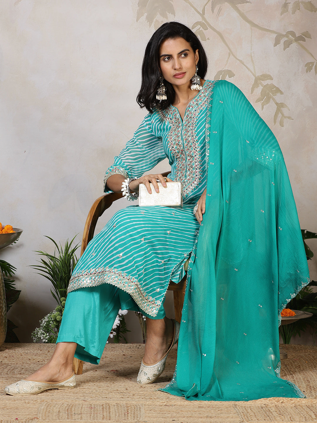 Embroidered Georgette Kurta With Pants & Dupatta