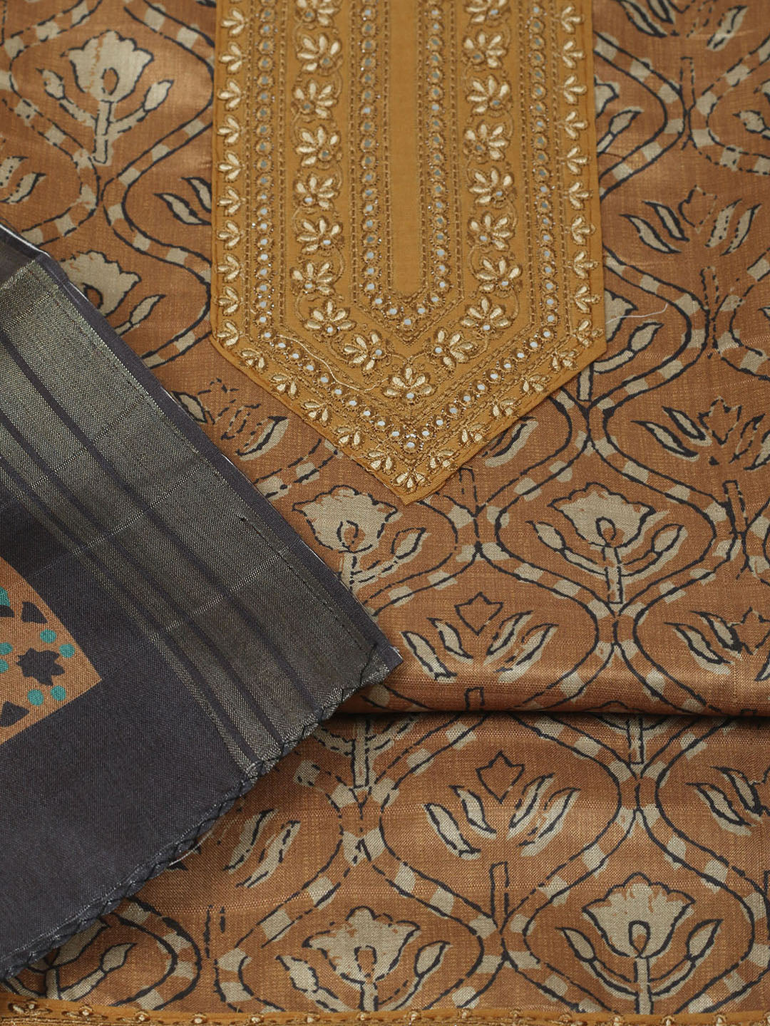 Embroidered Chanderi Unstitched Suit With Pant &amp; Dupatta
