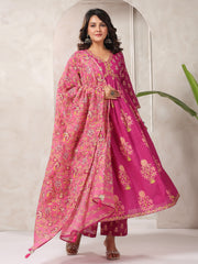 Floral Printed Cotton Blend Kurta With Pants & Dupatta