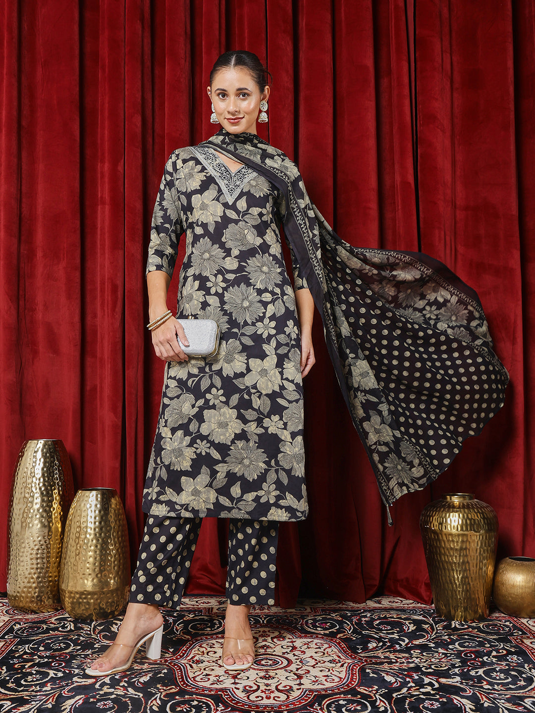 Printed Cotton Blend Kurta With Pants & Dupatta