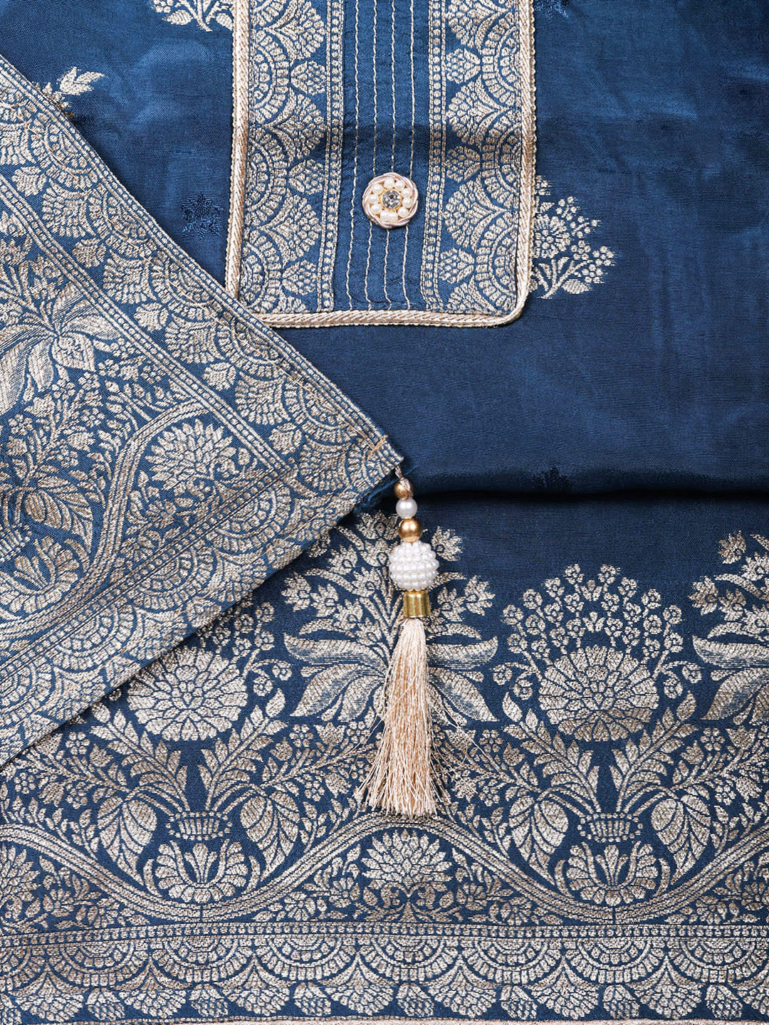 Embroidered Chanderi Unstitched Suit With Pant &amp; Dupatta