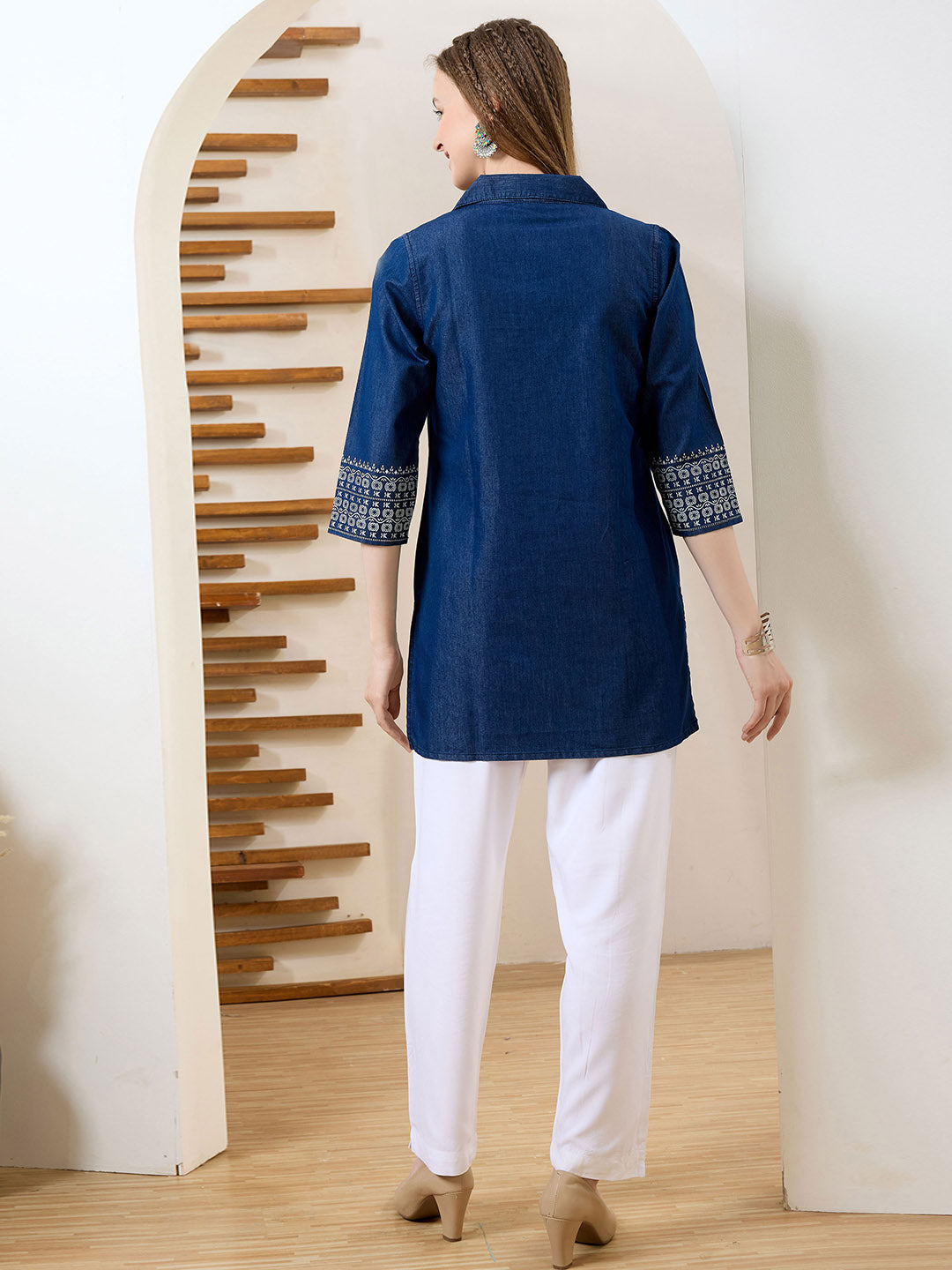 Neck Embroidered Denim Kurta