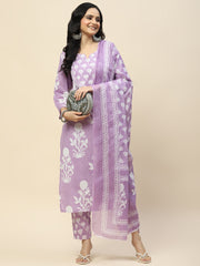 Printed Cotton Kurta With Pants & Dupatta