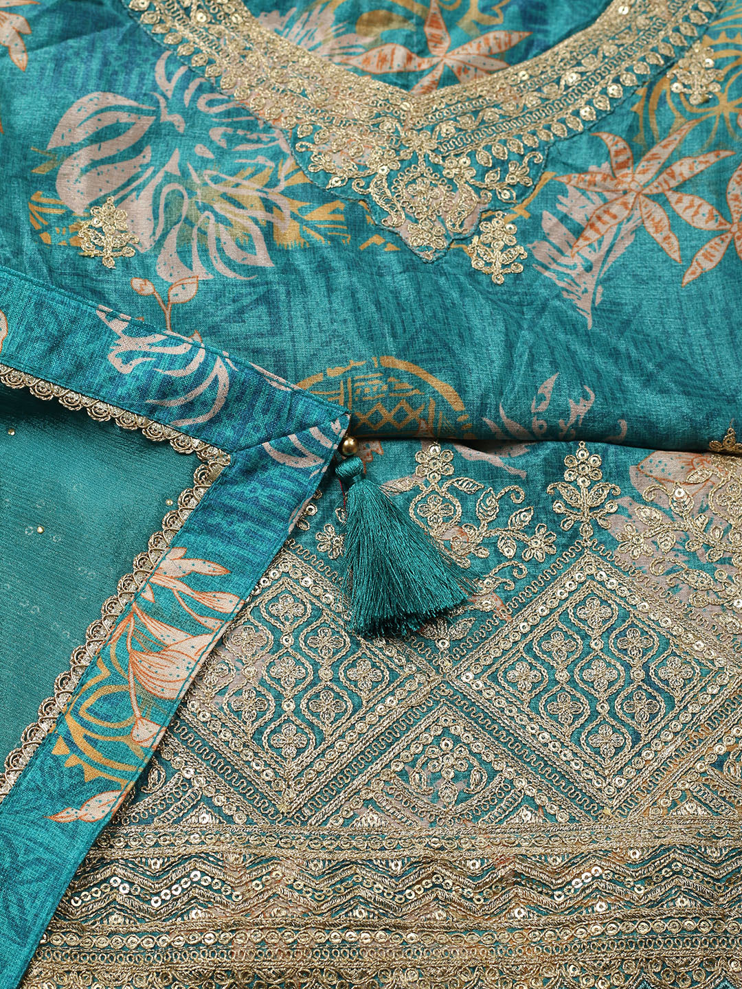 Embroidered Chinon Unstitched Suit With Pant &amp; Dupatta
