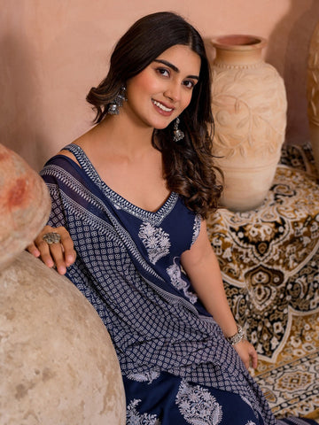 Printed Cotton Kurta With Pants & Dupatta