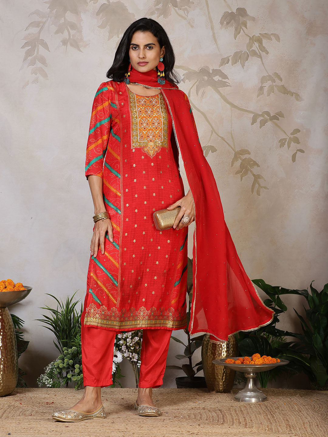 Banarasi Weave Art Silk Kurta With Pants &amp; Dupatta