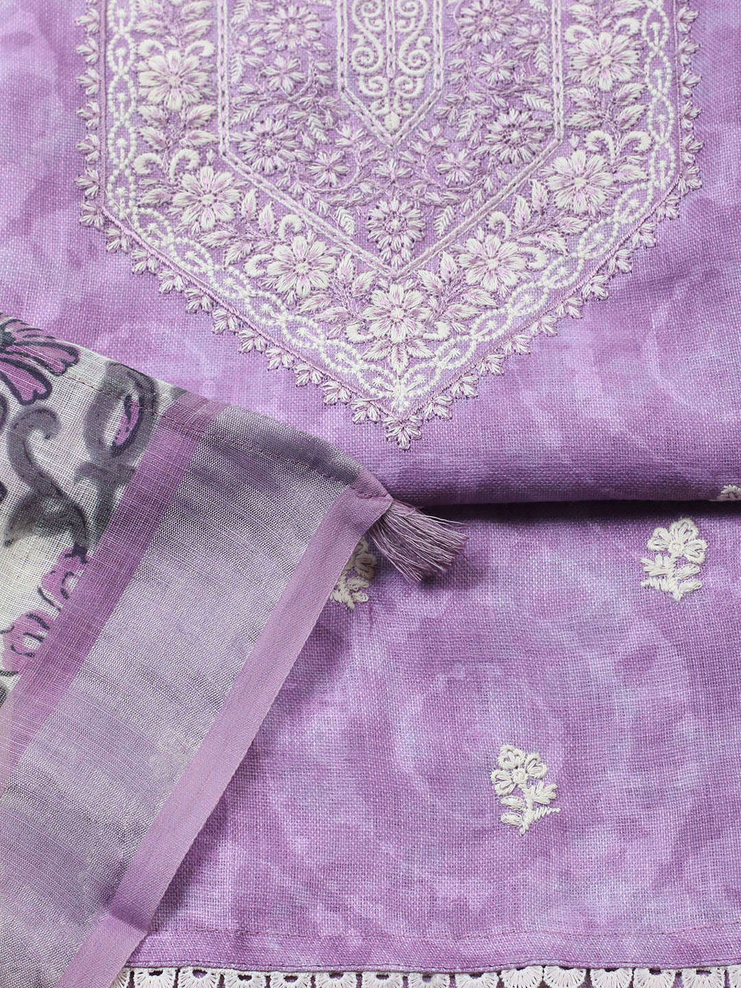 Embroidered Linen Blend Unstitched Suit With Pant Dupatta