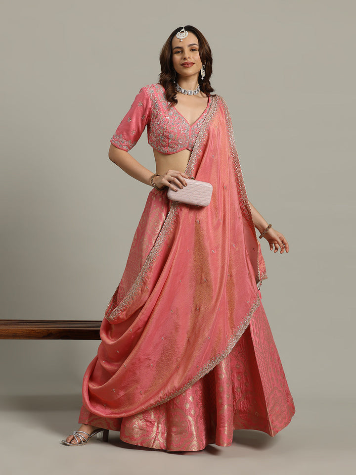 Embroidered Banarasi Choli With Lehenga &amp; Dupatta