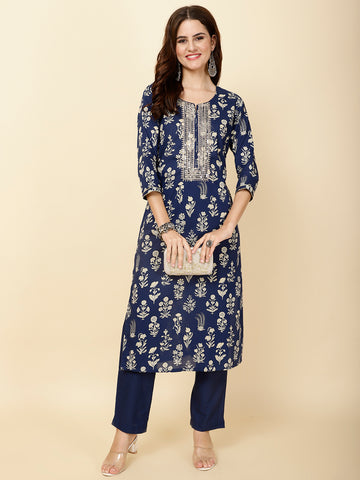 Neck Embroidery & Printed Cotton Kurta Set