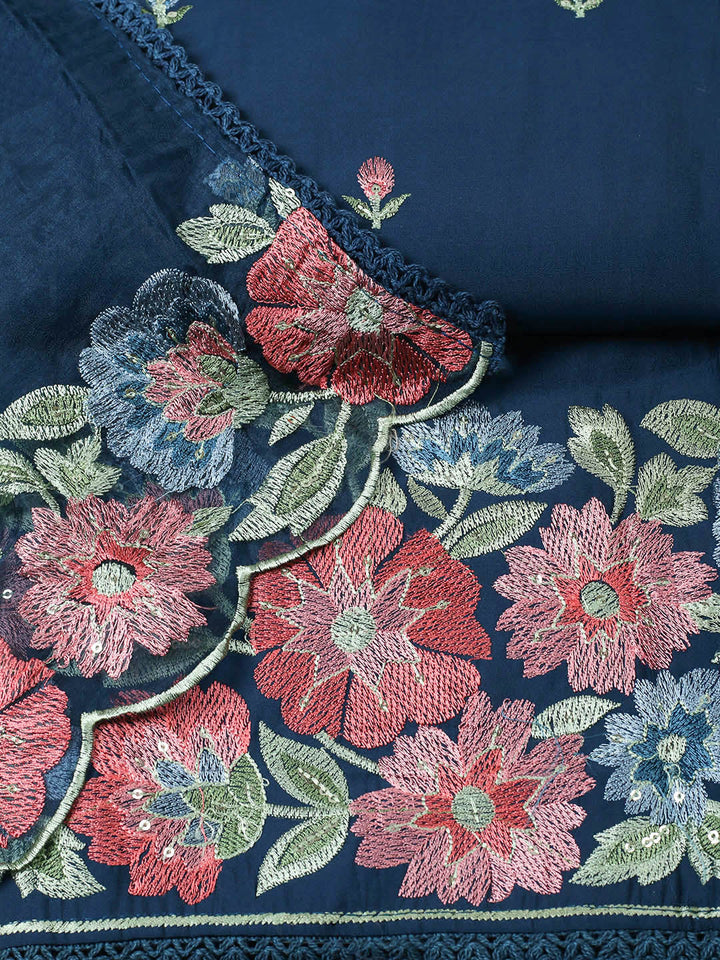 Embroidered Chanderi Unstitched Suit With Pant &amp; Dupatta